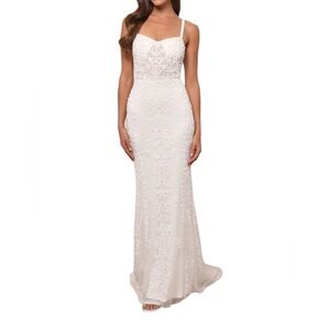 Lulus Momentous Love White Beaded Bustier Mesh Mermaid Maxi Dress